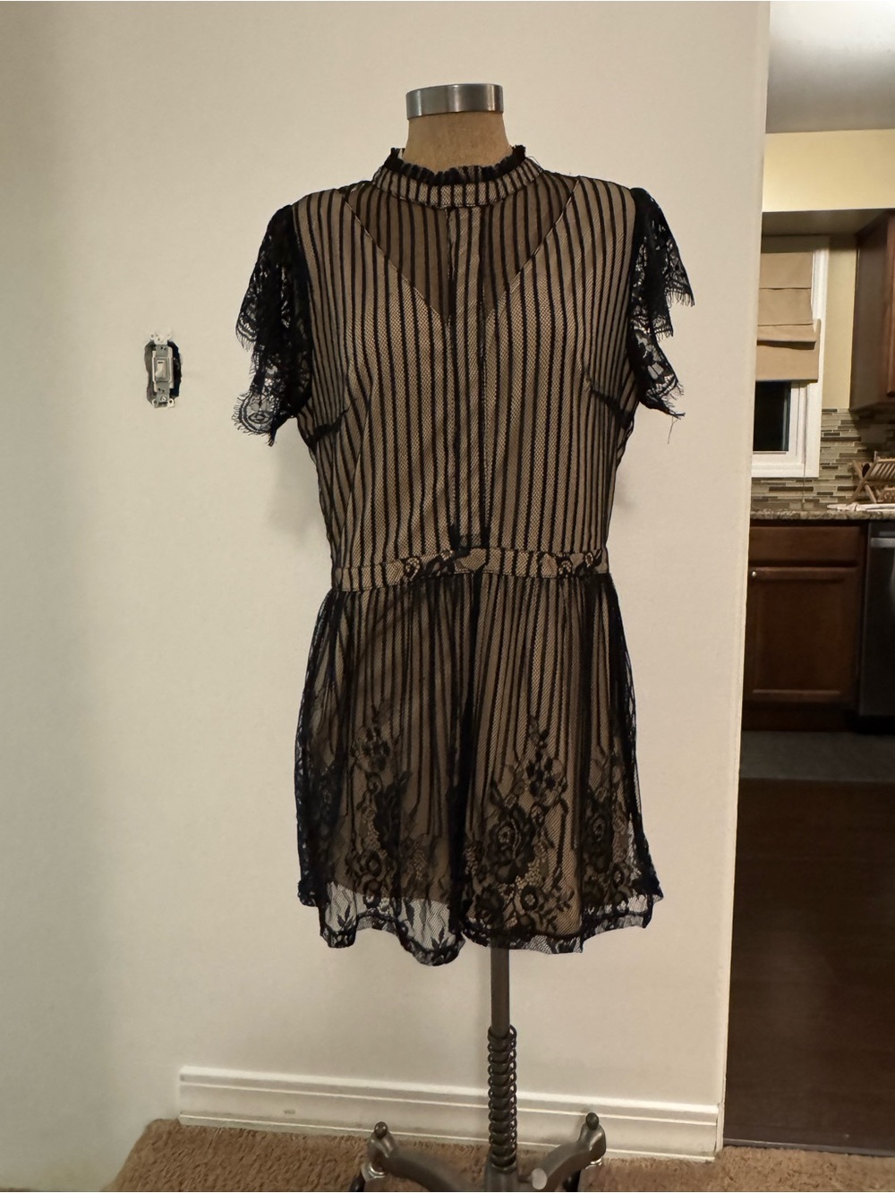ANDREE BY UNIT Black Lace Overlay Mini Dress with Nude Lining